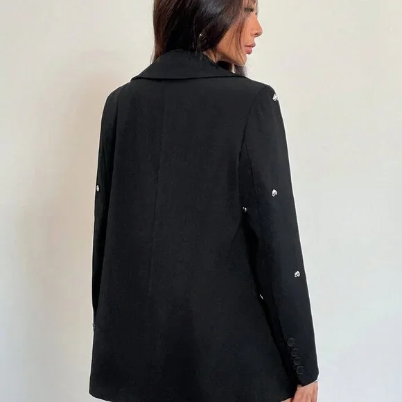 Black Elegant Women's Heart Decor Single Button Casual Long Sleeve Blazer - Picture 3 of 7